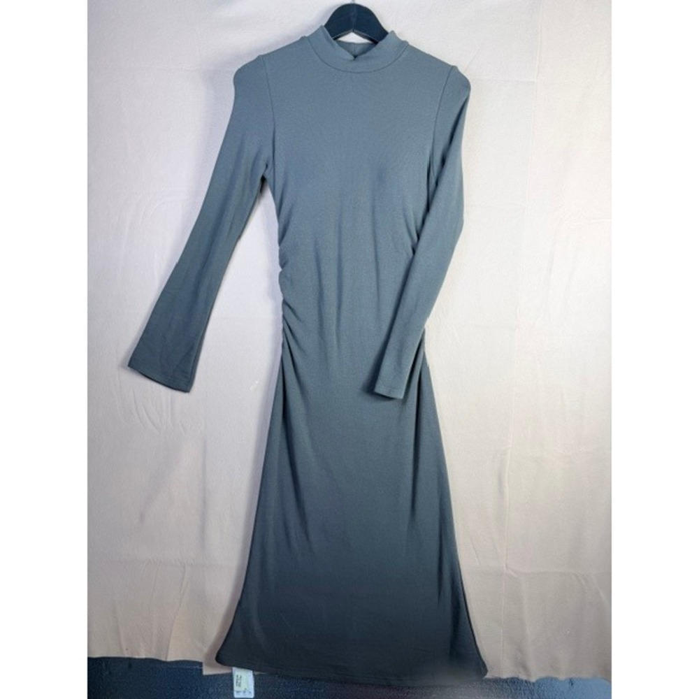OGL Eco-Mousse Gray Mock Neck Ruched Maxi Dress M Long Sleeve Stretch NWT